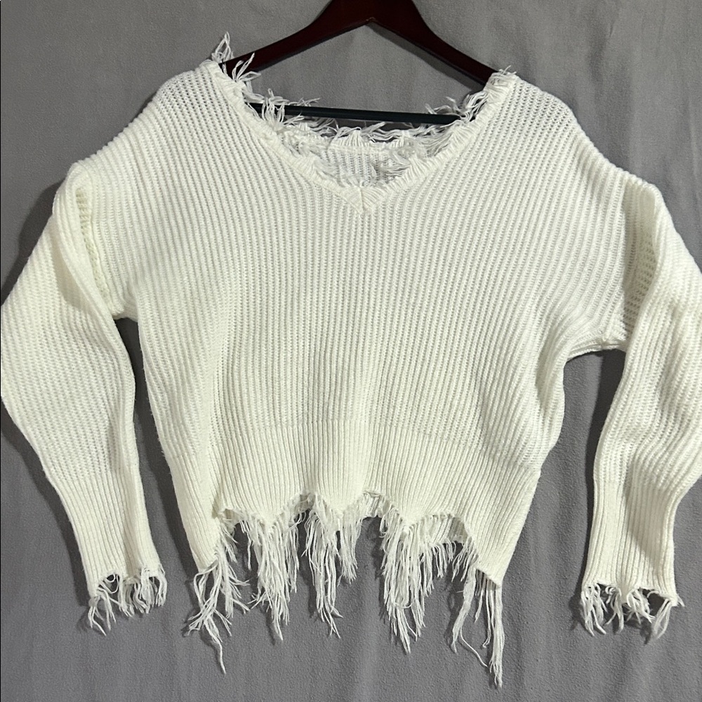 Shein Frayed Hem White Sweater - S